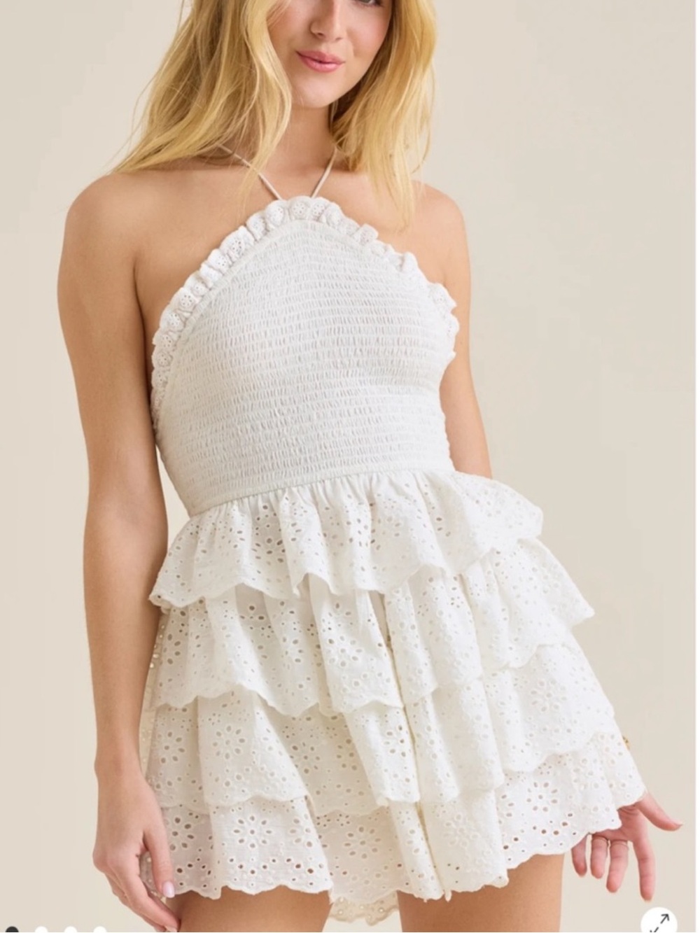 NWT Altar'd State White Eyelet Tiered Smocked Halter Ruffled Mini Dress